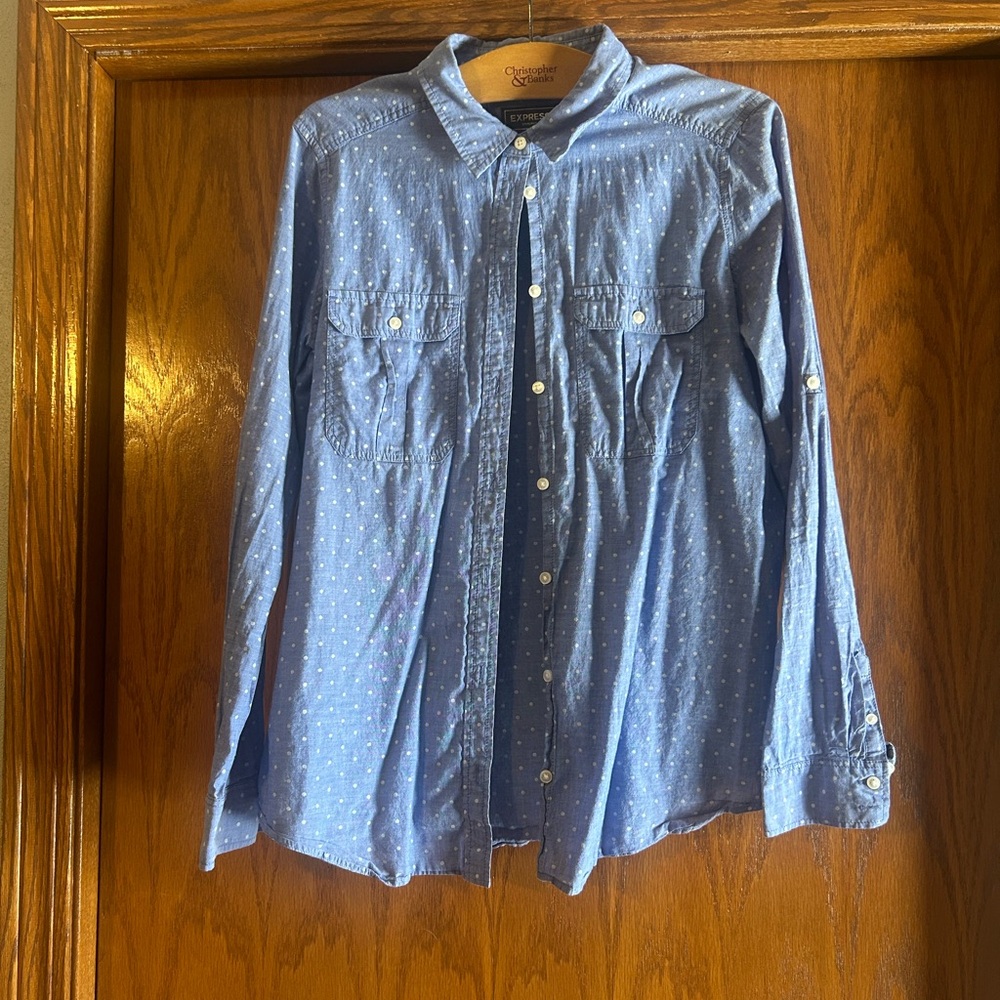 Express Blue Chambray Polka Dot Utility Button Down Shirt